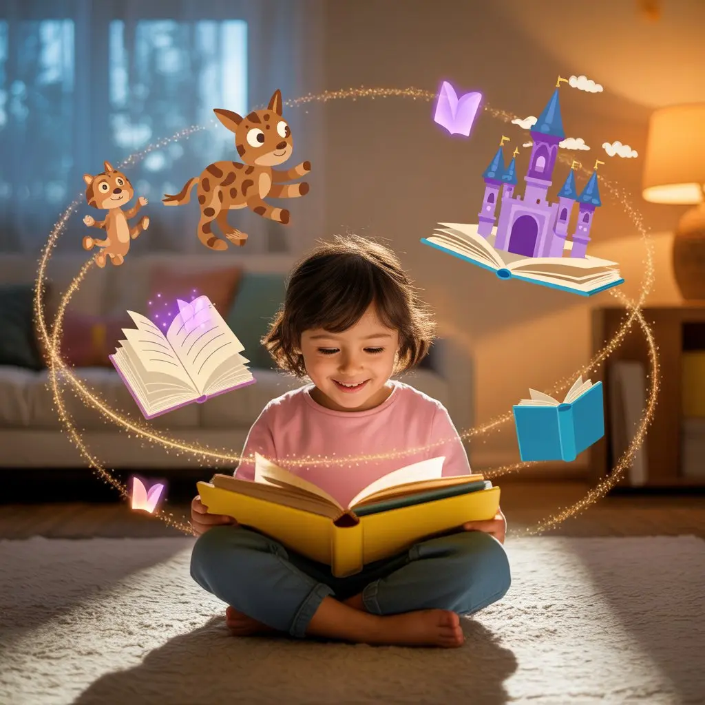AI Story Engine - Child reading with magical elements