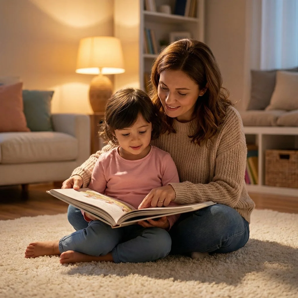 Illustration of a girl and boy reading a book together